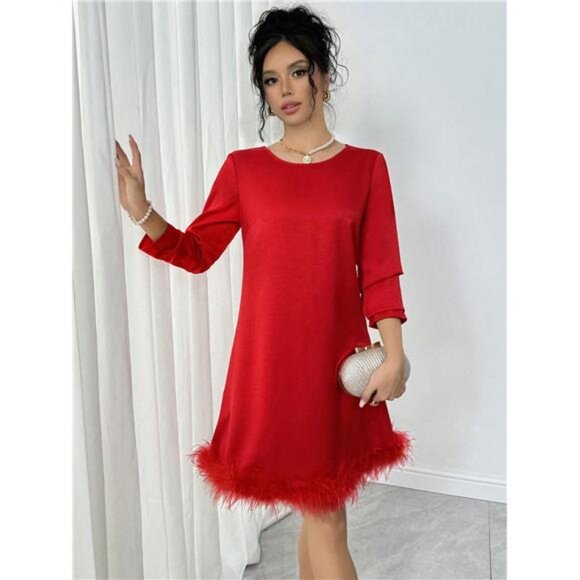 Stylish Elegant Party Red Faux Fur Trim Crew Neck A-Line Satin Fabric Dress